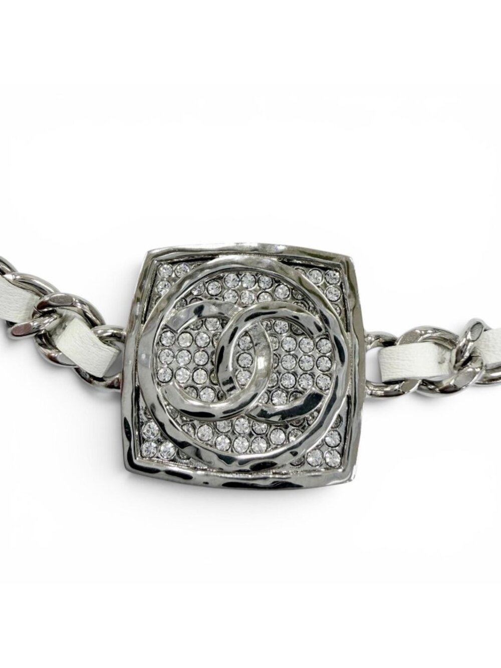 Chanel 25c CC Logo Rhinestone Leather Necklace Choker Silver White